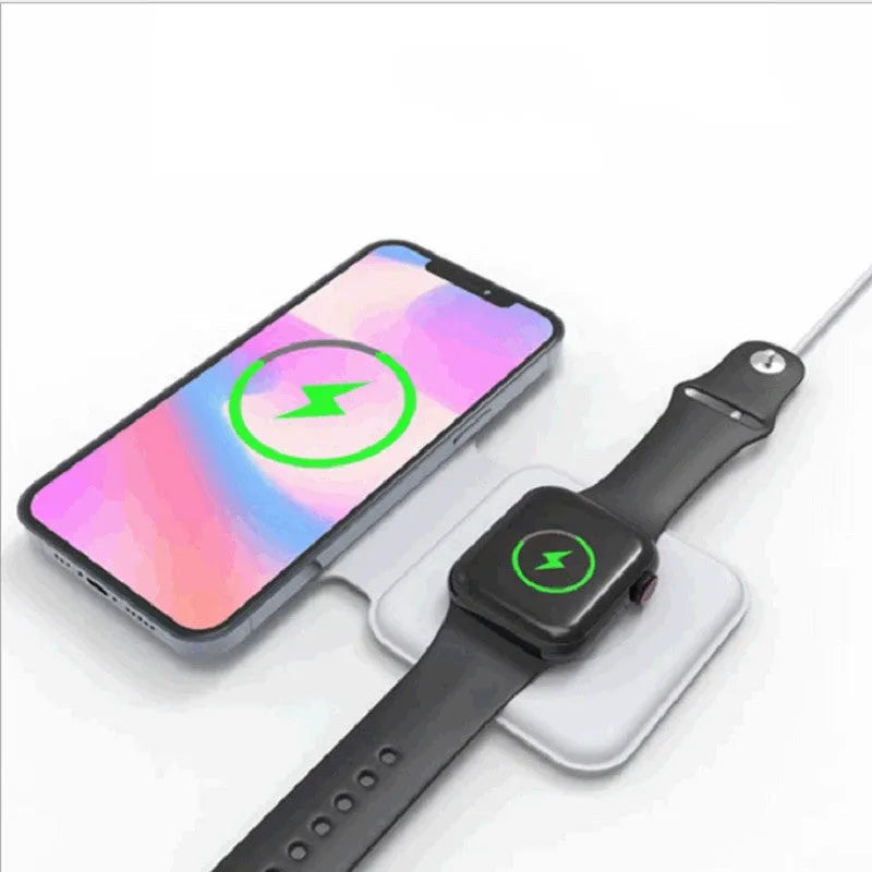 White folding dual magnetic wireless charger with 15W fast charging showing adjustable angle