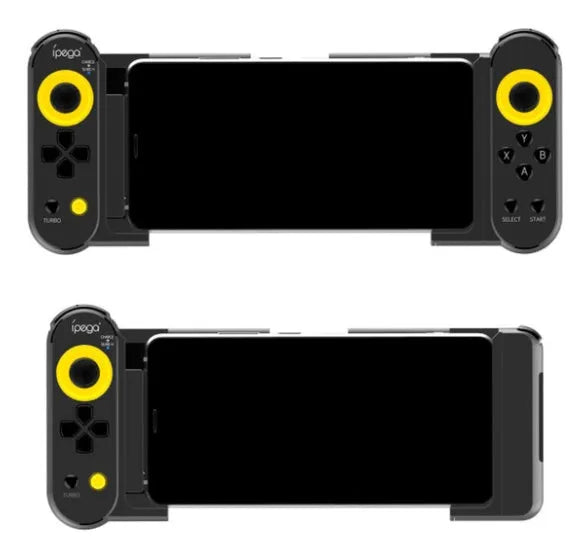 Ipega PG9167 wireless Bluetooth game controller in black ABS plastic with telescopic bracket extended, holding a smartphone for mobile gaming