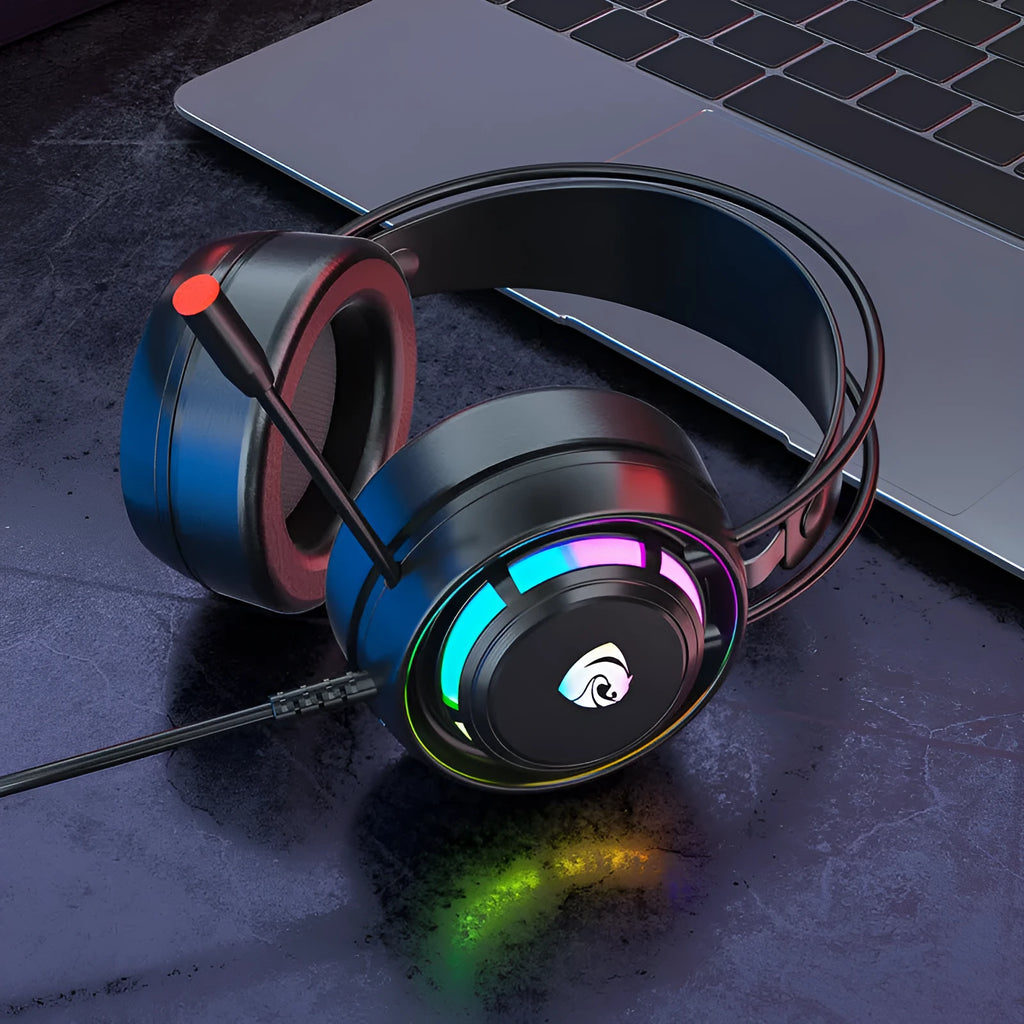Black wired computer gaming headset with microphone showing over-ear design and dual plug options