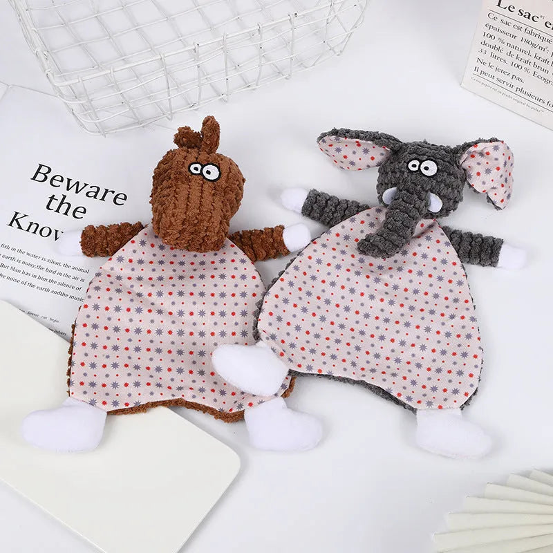 Brown velvet pet stuffed toy with fox elephant design featuring sound paper crinkle elements