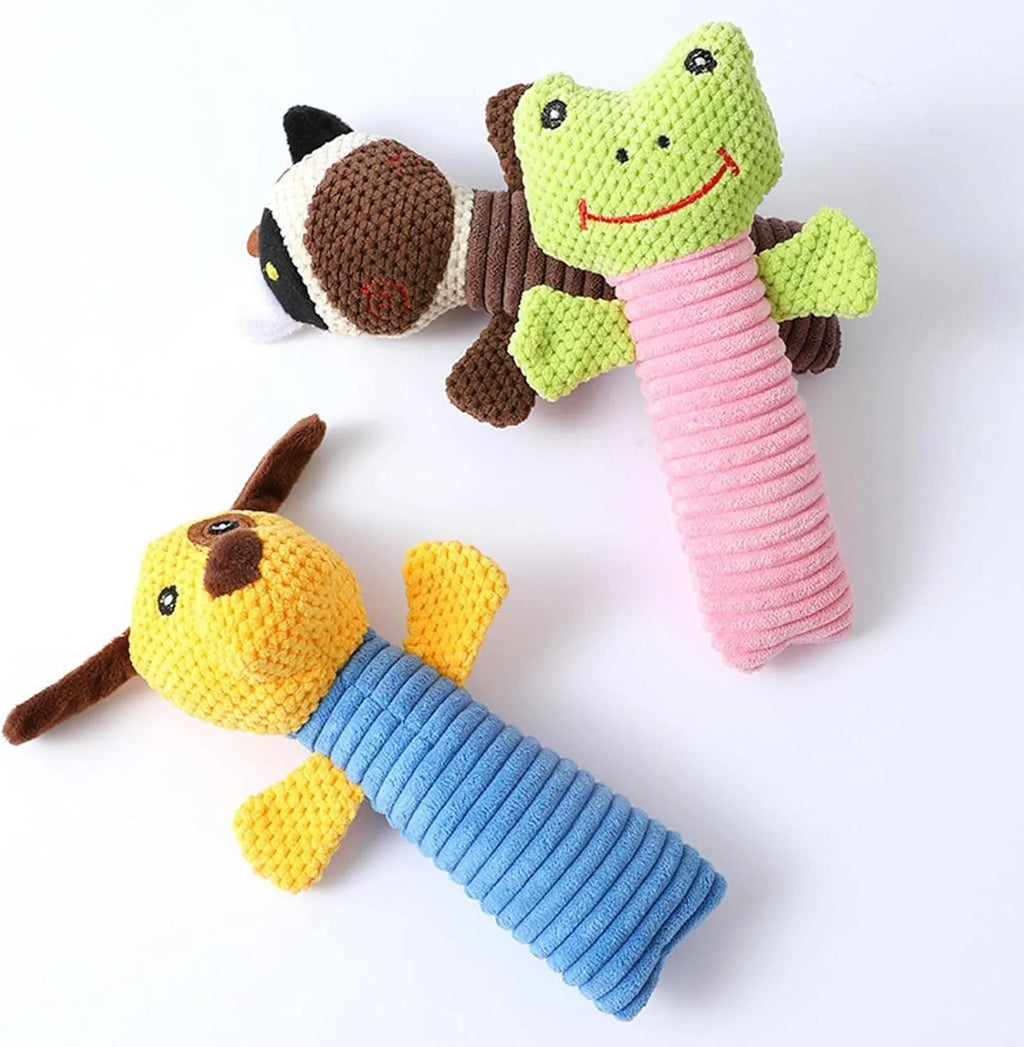 Squeaky stuffed animal dog chew toys in calf, frog and puppy designs measuring 19cm