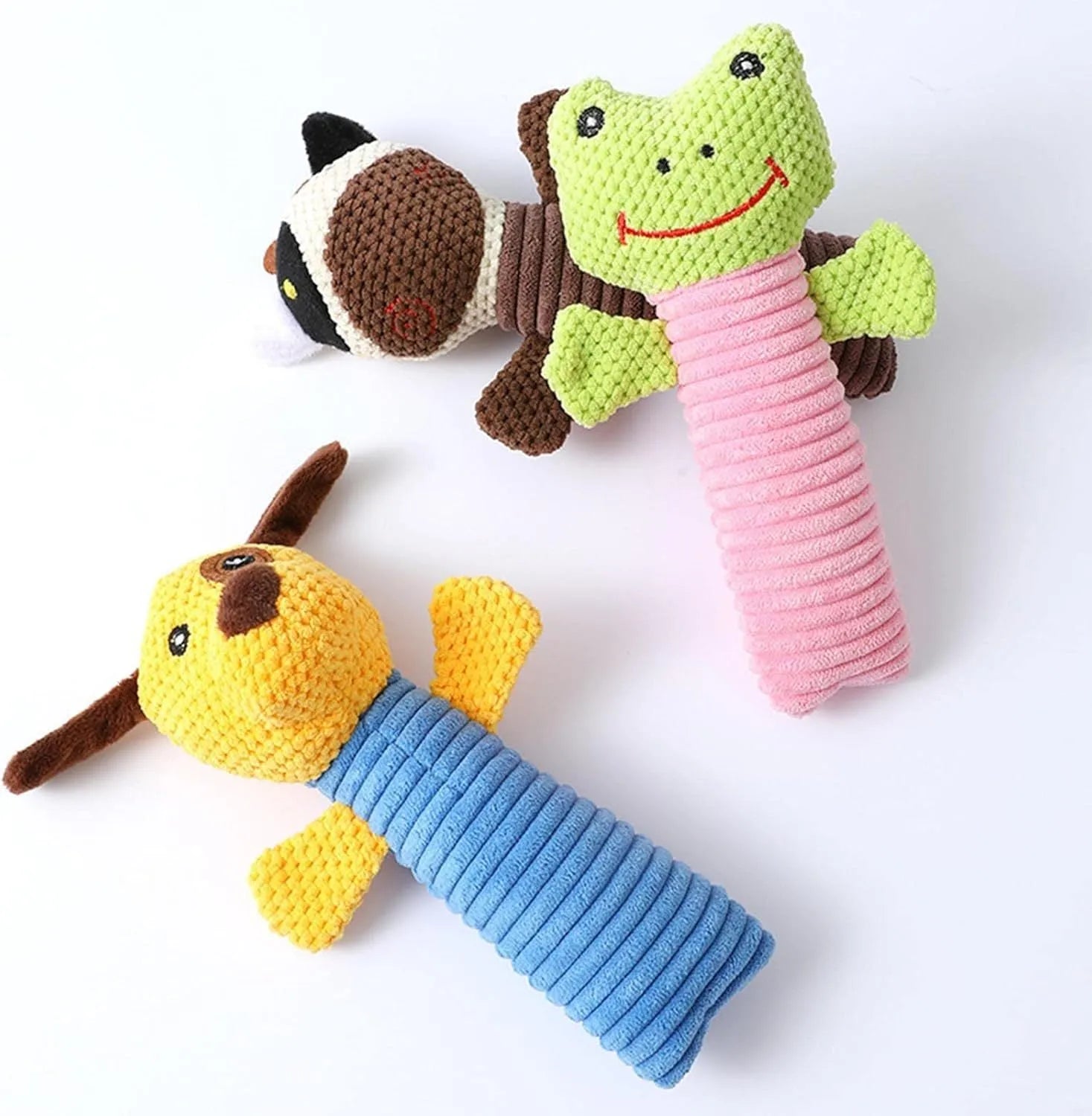 Squeaky stuffed animal dog chew toys in calf, frog and puppy designs measuring 19cm