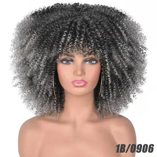 African small curly hair afro wig headgear in high temperature silk with bangs, colour 1B/30