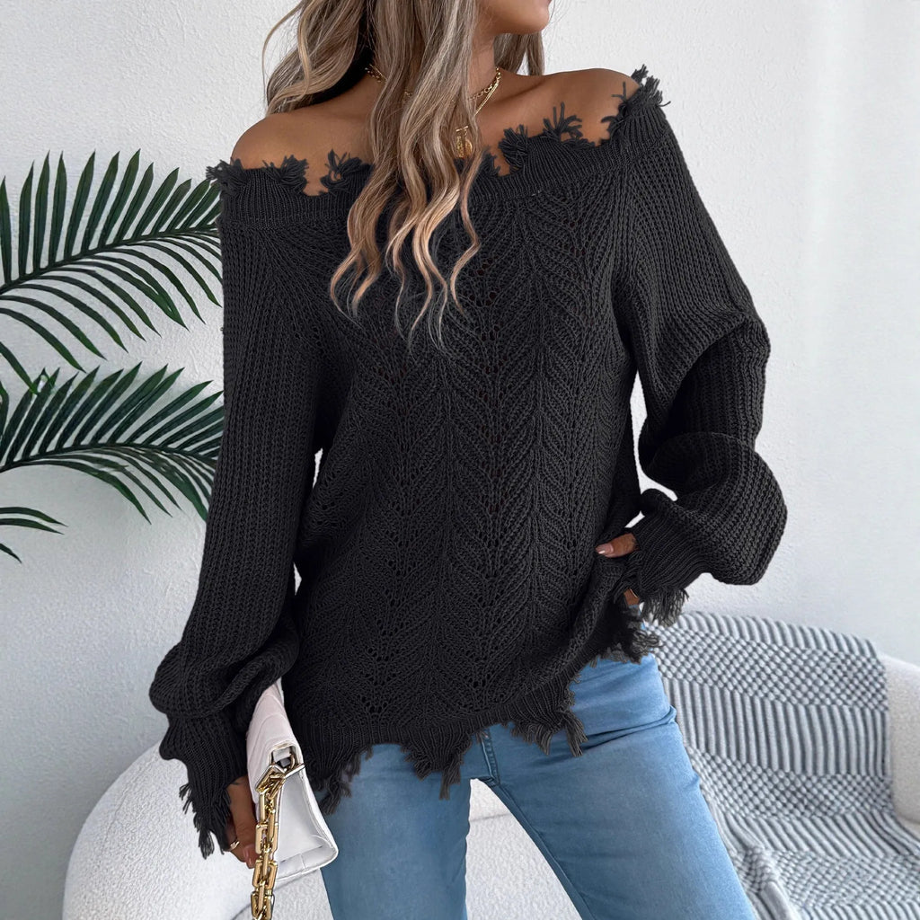 Hollow-out cut-off shoulder pullover sweater in artificial wool acrylic fabric showing street fashion styling