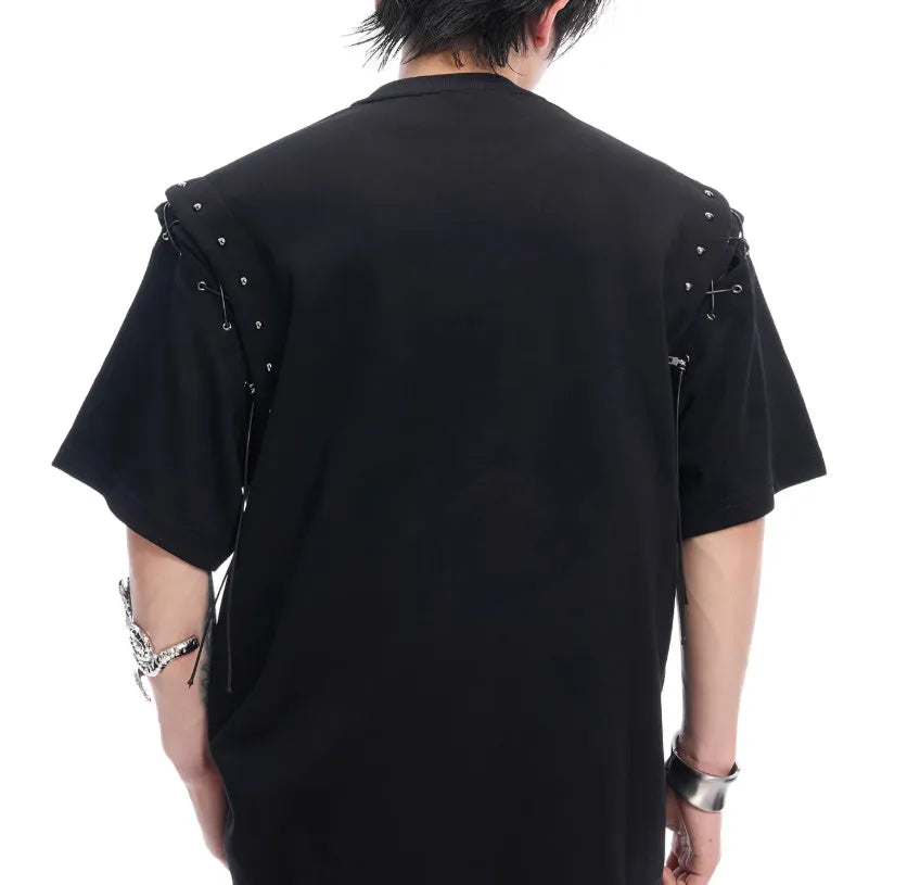Women's black deconstruction t-shirt with a front lace-up cutout detail on a short sleeve.