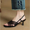 Retro soft leather-look women's sandals with thin cross straps, square toe, ankle buckle, and a mid-height heel