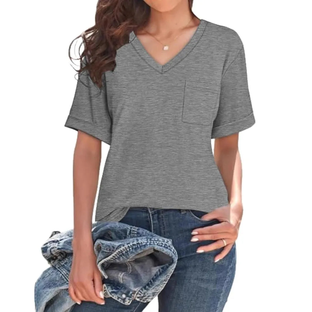 Grey loose V-neck T-shirt with chest pocket in Japanese Korean casual style