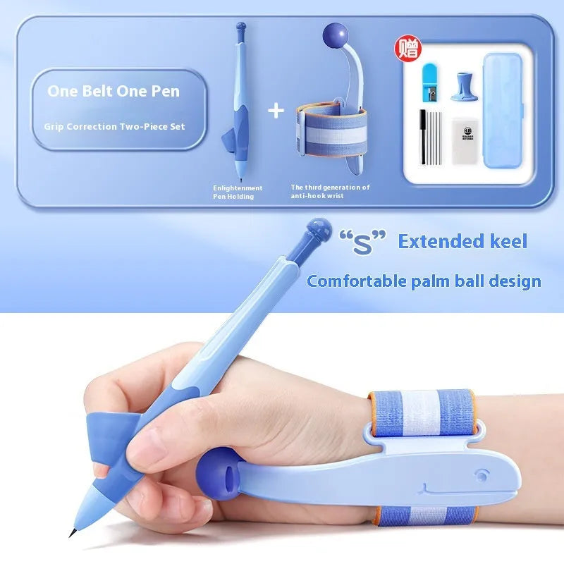 Blue Anti-hook Holder Pen Control Corrector wrist brace for pen grip correction.