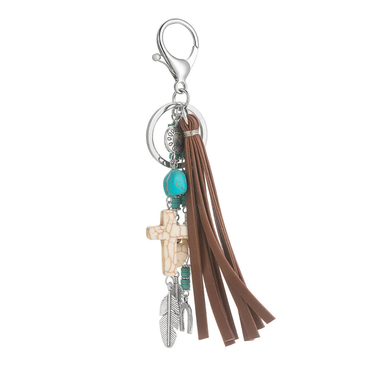 Cross alloy leather tassel pendant keychain in retro style, colour XY-3669, on a neutral background