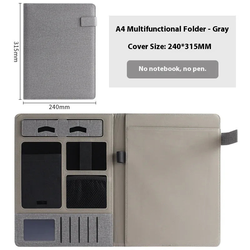 A4 leather business folder in black colour showing document storage and accessory features