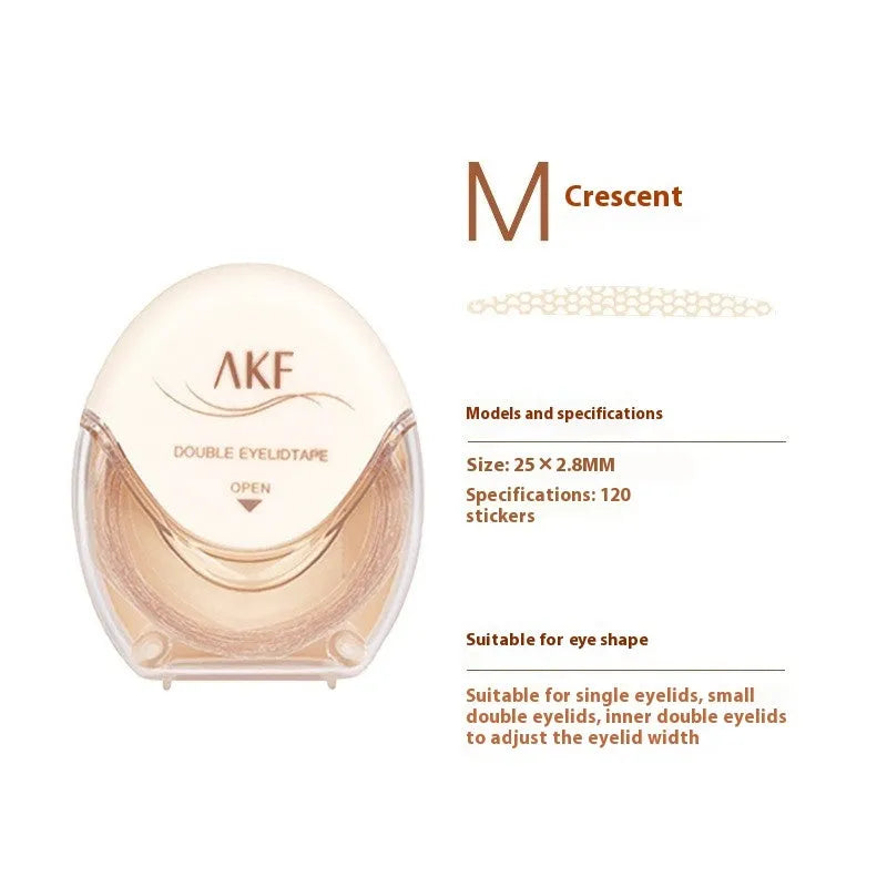 Roll of invisible lace double eyelid stickers in shades Crescent M, Crescent S, and Olive M.