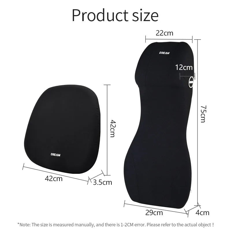 Automotive memory foam waist cushion and headrest support pillow in integrated one-piece design