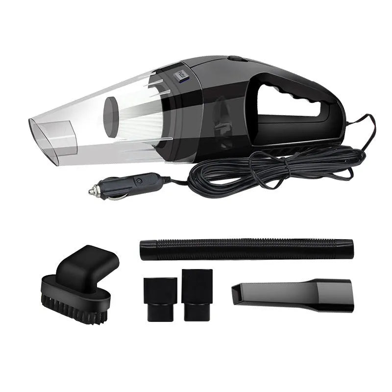 Orange and black handheld car vacuum cleaner with hose, nozzles, and a long power cord with cigarette lighter plug.
