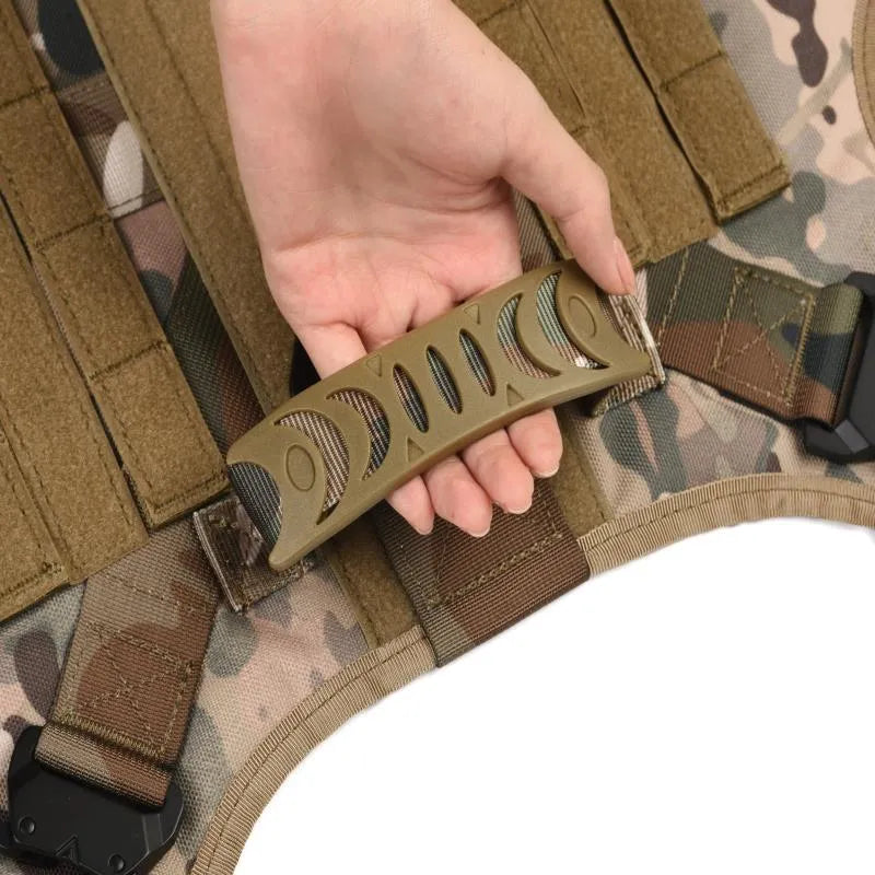 Dog wearing tactical training vest battle suit in camouflage pattern