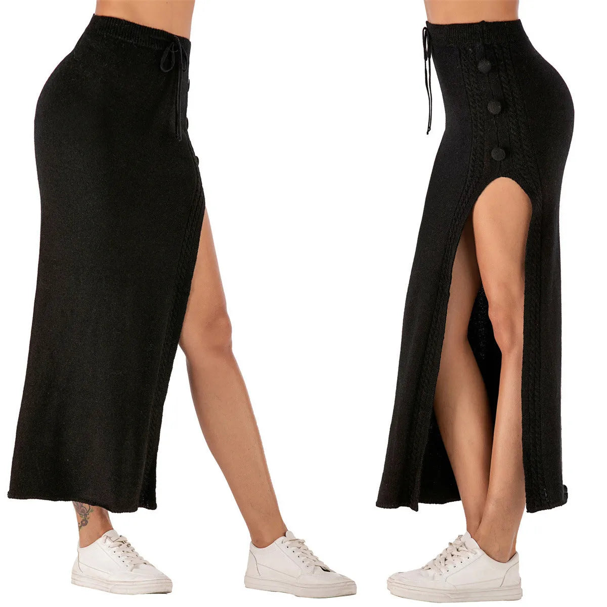 Women's slim-fit mid-length acrylic skirt with thigh split in black, pink or gray with strapping details