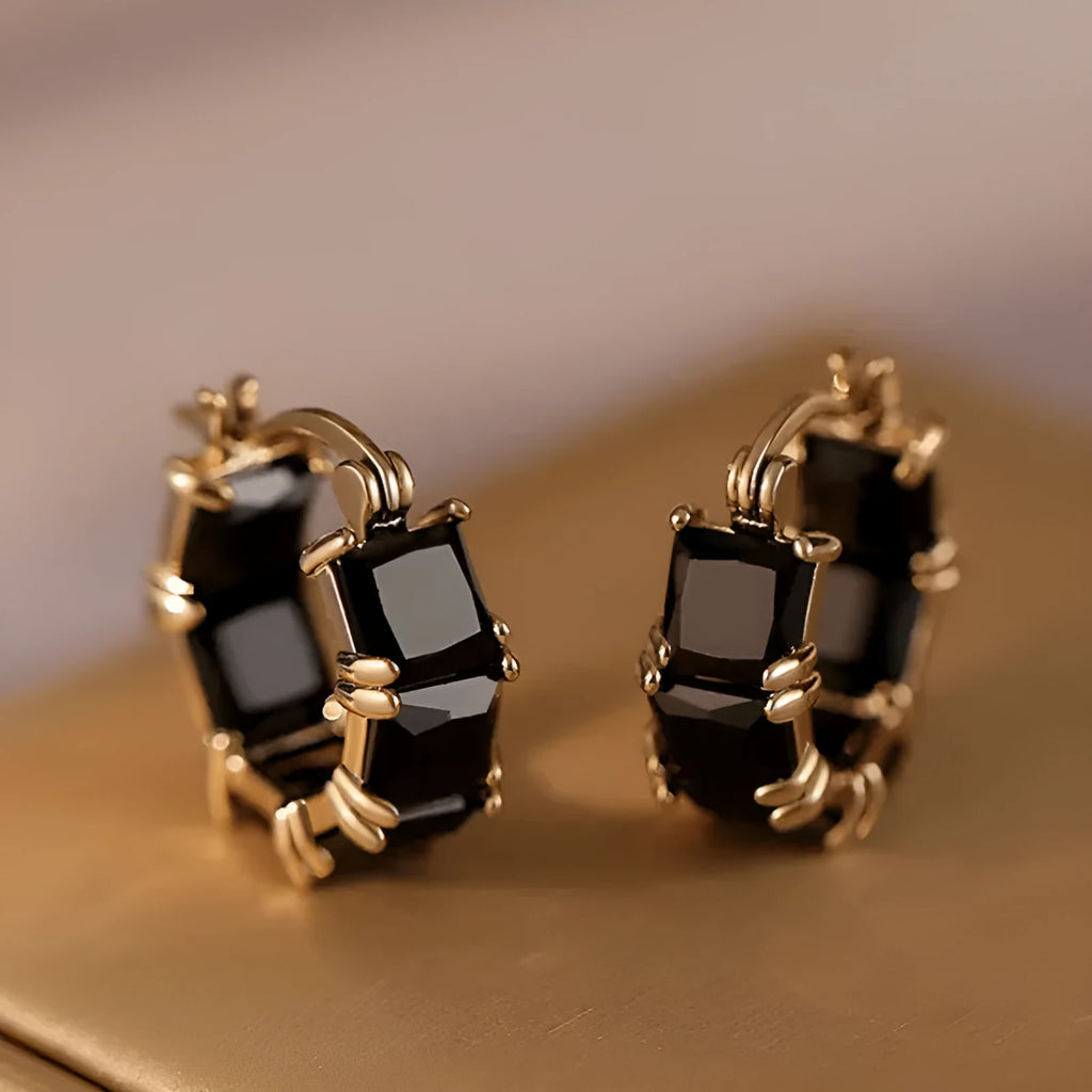 Geometric U-shaped zircon ear rings with gold plating in black, pink and white colour options