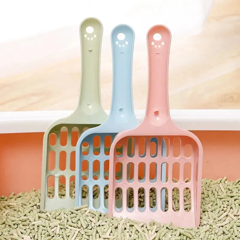 Blue plastic cat litter scoop with stainless steel mesh filter for cleaning litter boxes