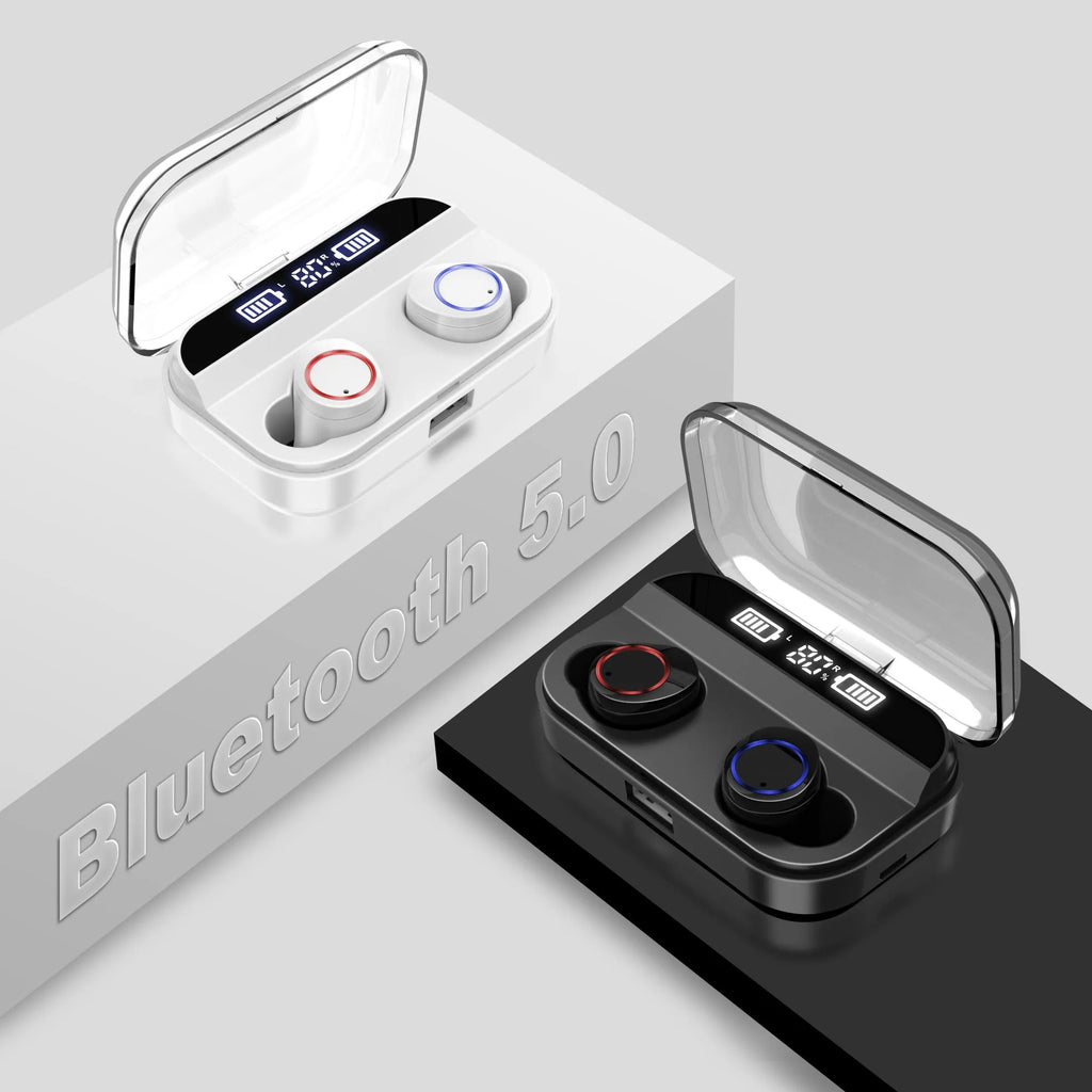 X11 Bluetooth wireless earphones in black with charging case and earpiece sleeves