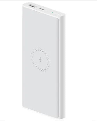 White and black large capacity 10000mAh power bank with USB Type-C port and wireless charging pad.