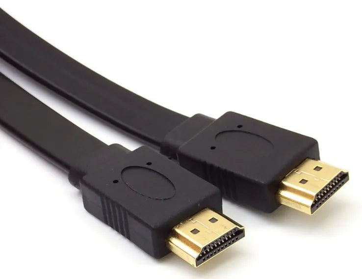 Flat black HDMI cable with male connectors showing length options from 0.3 to 10 metres