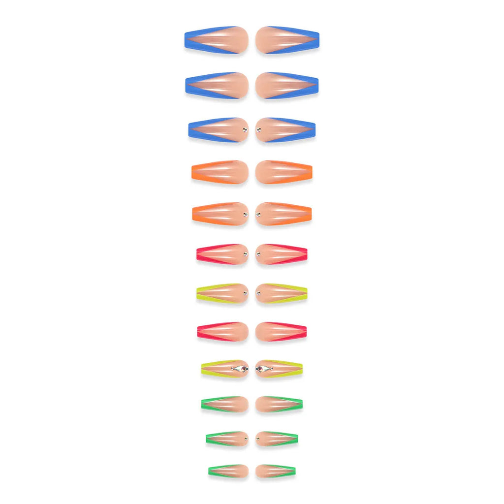 Diamond colour detachable nail tips featuring cartoon, love, and cross heart patterns with jelly glue and tools.