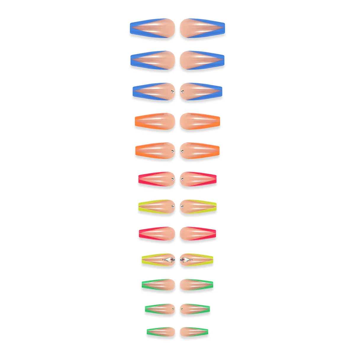 Diamond colour detachable nail tips featuring cartoon, love, and cross heart patterns with jelly glue and tools.