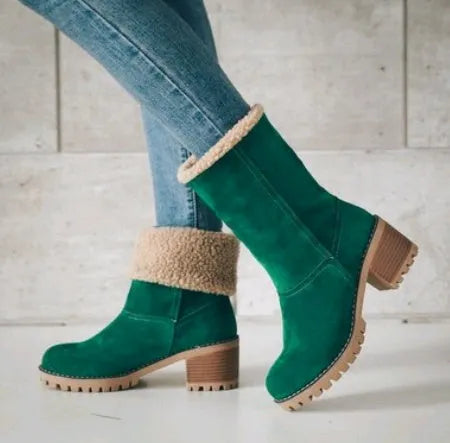 Women's suede mid-tube snow boots with thick platform sole in khaki colour