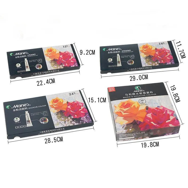 Box of gouache paint tubes in 12, 18, or 24 colour sets with 5ml or 12ml sizes.