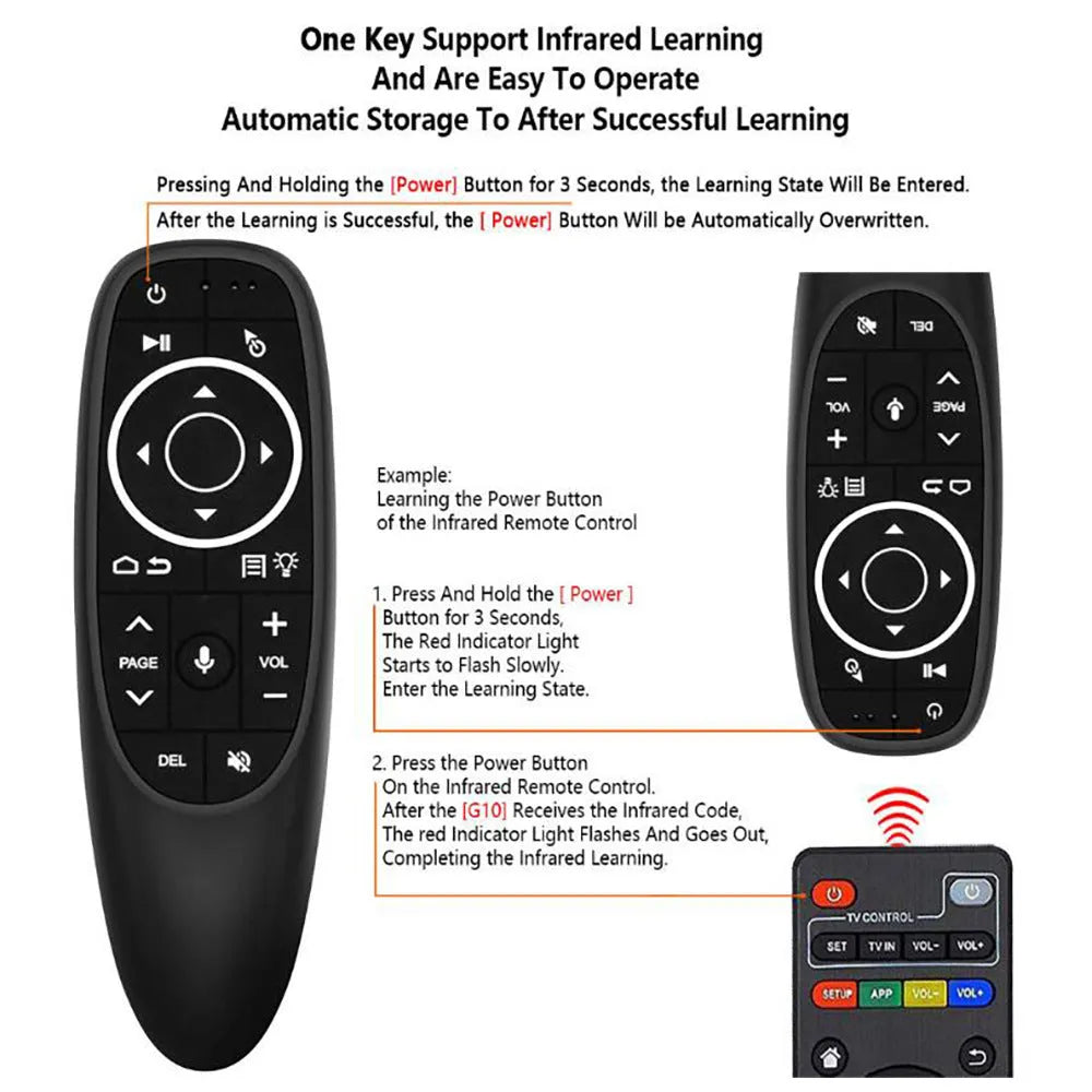 G10 series intelligent voice remote control with plastic shell and silicone buttons showing three colour-coded model variants