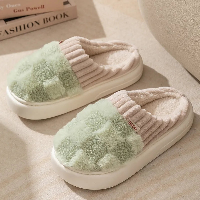 Women's plaid pattern plush slippers with a non-slip PVC sole, shown in a choice of colours.