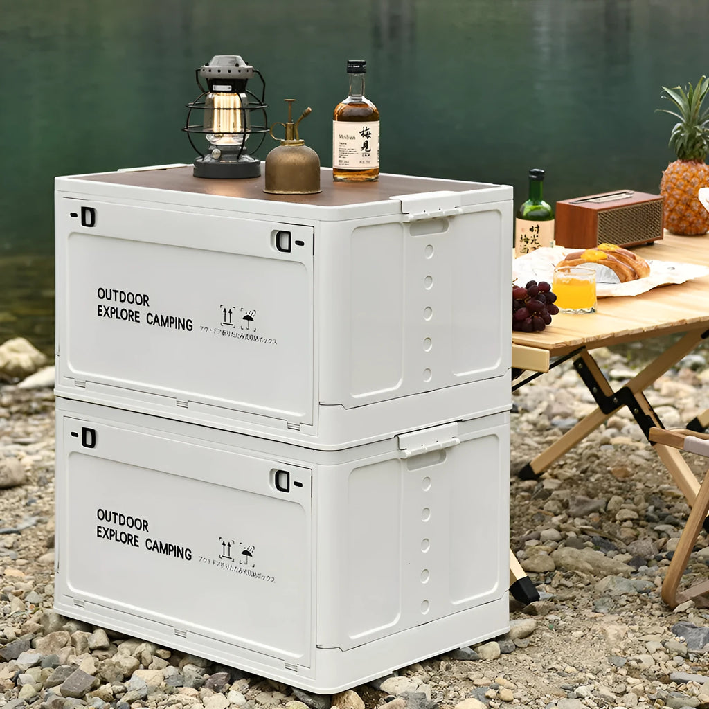 Large white foldable storage box with wooden lid showing dimensions and storage capacity