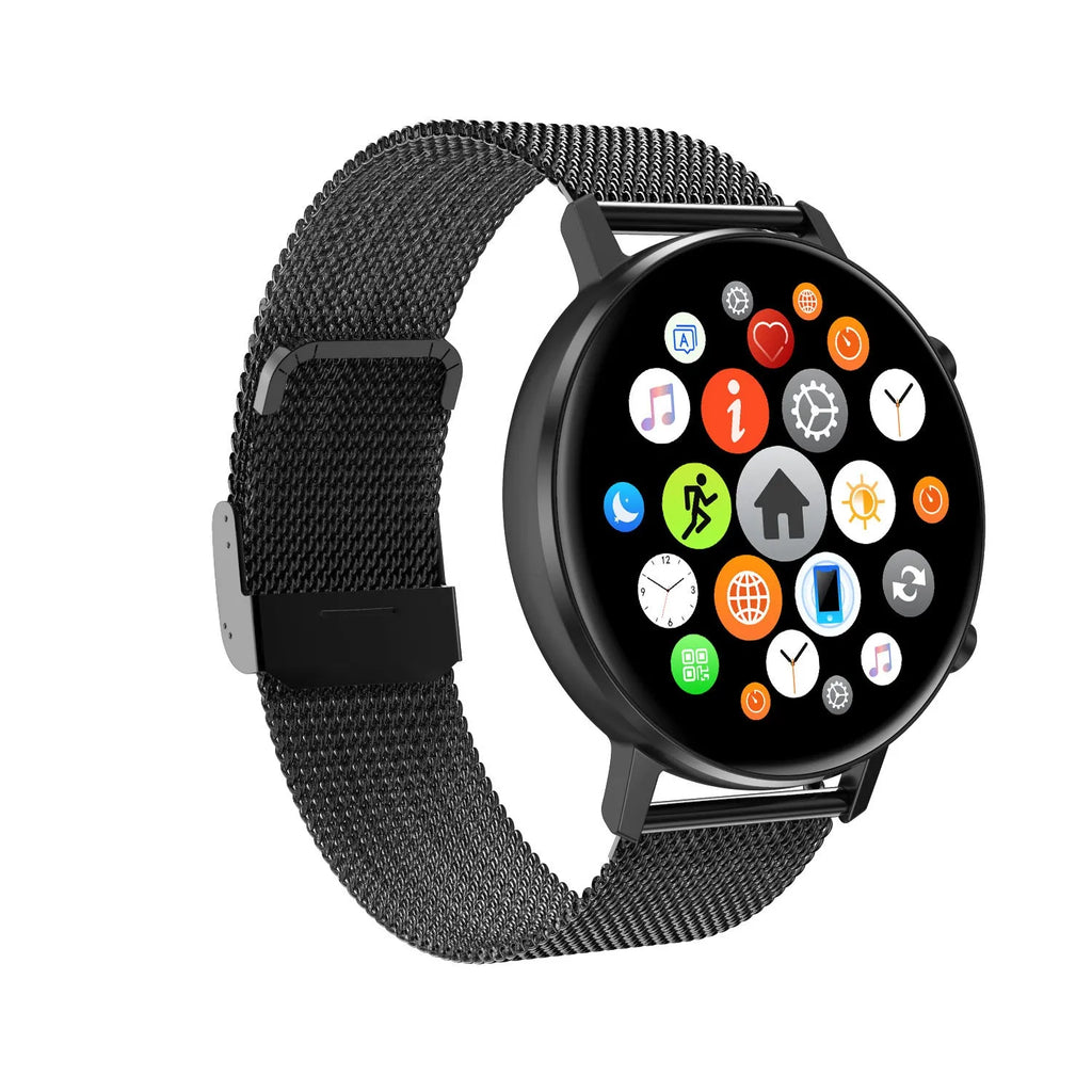 DT96 smart bracelet with 1.3-inch screen on a stainless steel strap in silver colour.