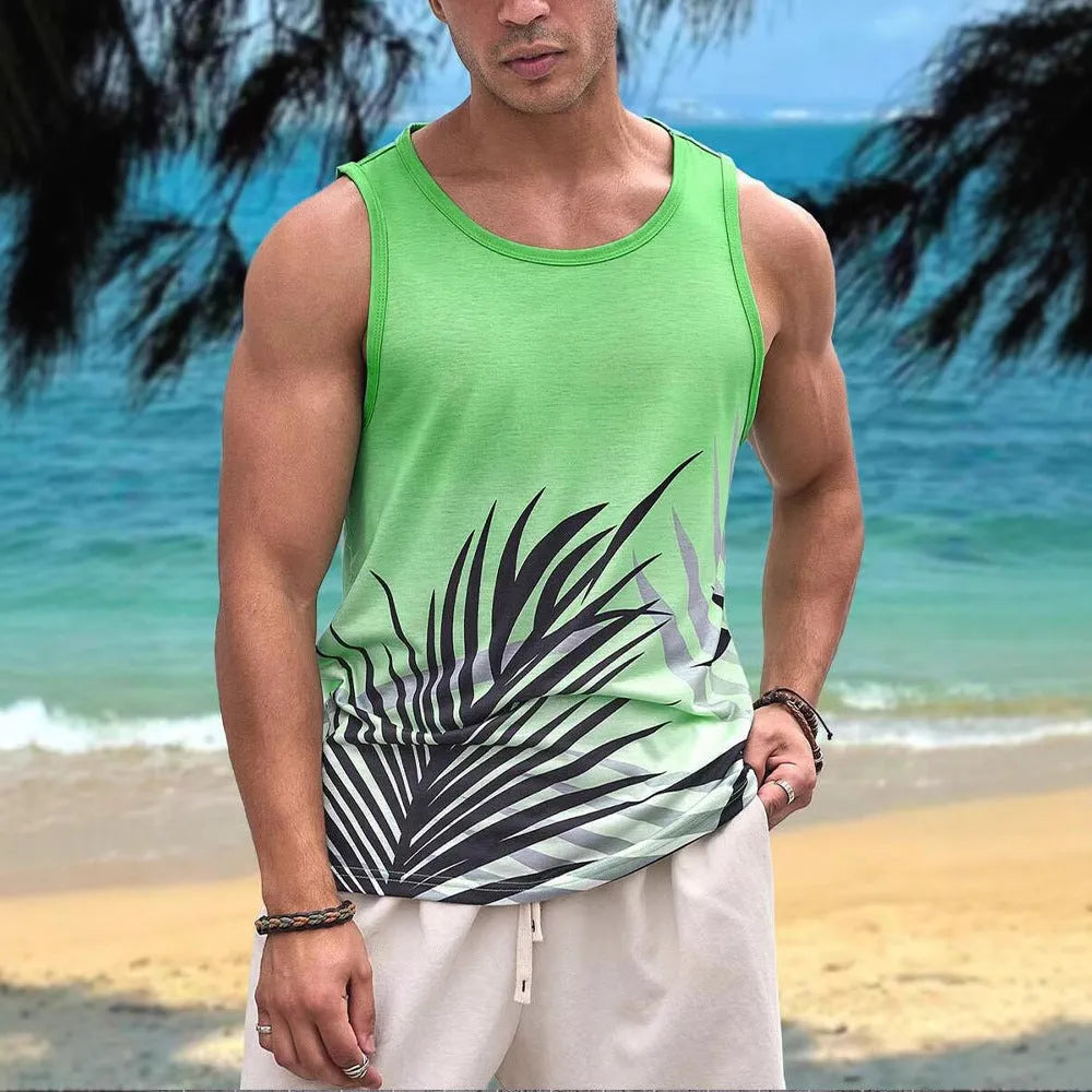 3D printed men's sleeveless Hawaiian style vest in solid colour with tank top design