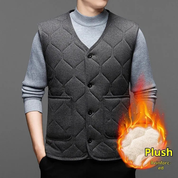Men's fleece-lined thick cotton blend vest in solid colour cardigan style, black version, size M-4XL