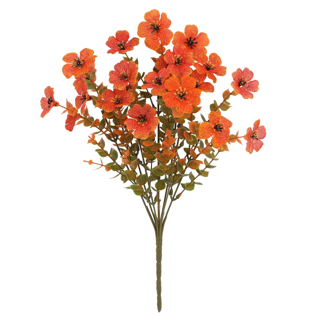 Artificial flower bouquet in autumn orange, yellow, and red colours with detailed plastic and silk construction