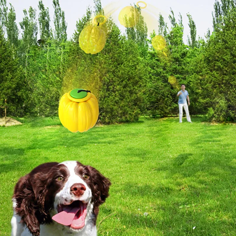 Green, orange, and yellow Halloween pumpkin-shaped dog ball toy with squeaker for small dogs.