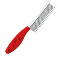 Red pet grooming comb with long and short stainless steel teeth and a plastic anti-slip handle.
