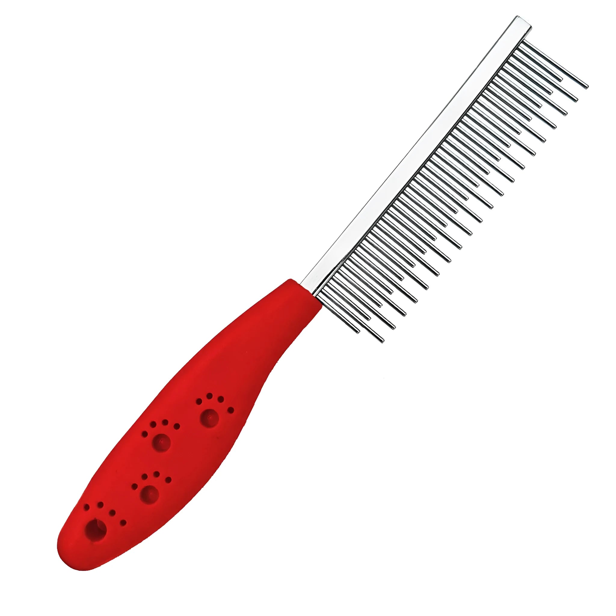 Red pet grooming comb with long and short stainless steel teeth and a plastic anti-slip handle.