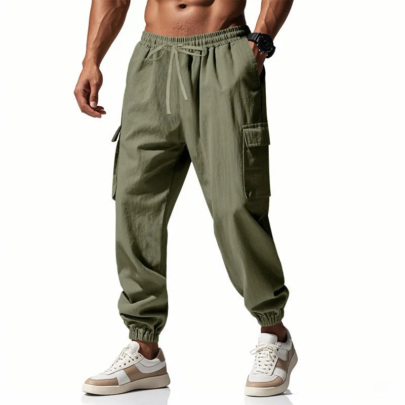 Men's linen casual trousers with elastic drawstring waist and ankle-tied cuffs in solid colours