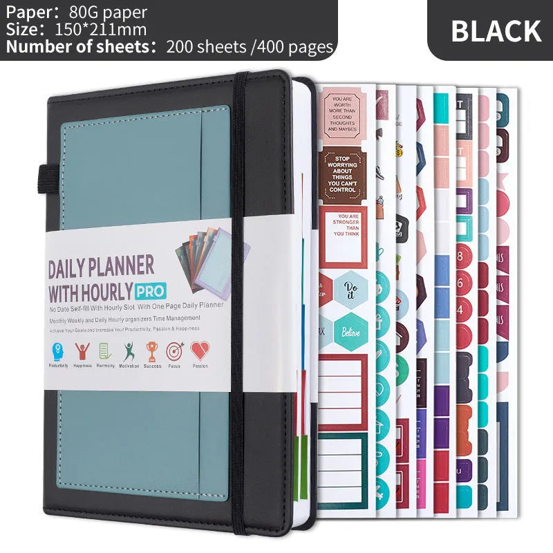 A5 undated notebook with PU leather cover in six colours, open to show flat-lay binding and planning stickers.