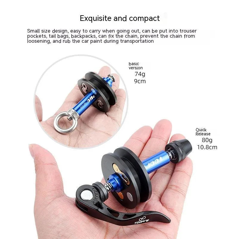 Aluminium bicycle chain holder and tensiometer tool in three versions: barrel shaft, basic, and quick release.