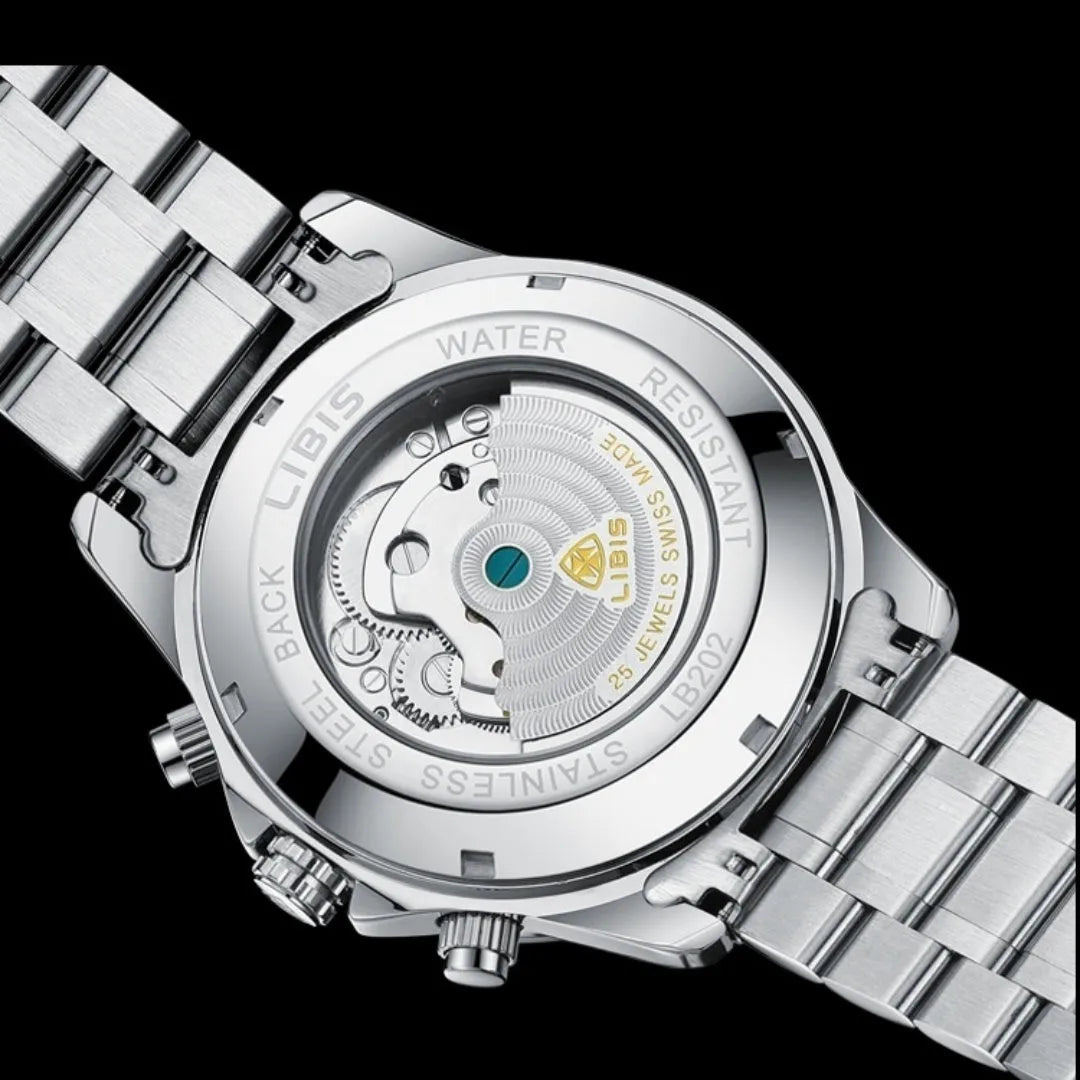 Men's automatic perpetual calendar mechanical watch with silver stainless steel strap and sapphire crystal glass face