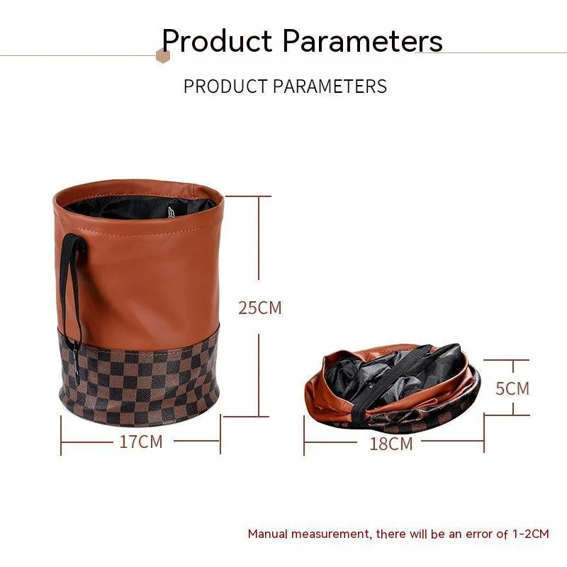 Leather retractable car trash can with handle shown in folded and open positions