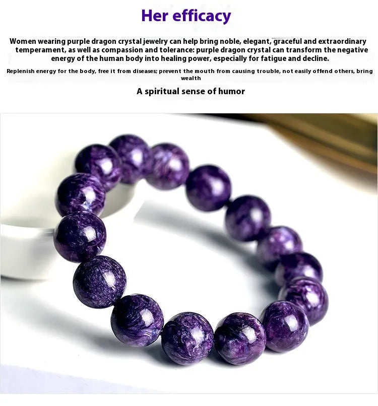 Natural transparent charoite crystal bracelet with platinum finish, showing different bead size options on a wrist.