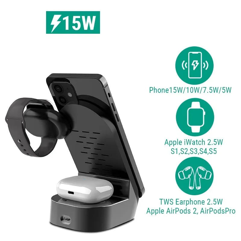Black foldable 3-in-1 wireless charging stand showing phone, watch and earbuds case charging simultaneously.