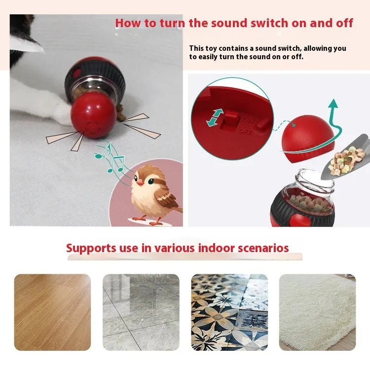 Rotating plastic cat toy with food dropping mechanism and sound effects