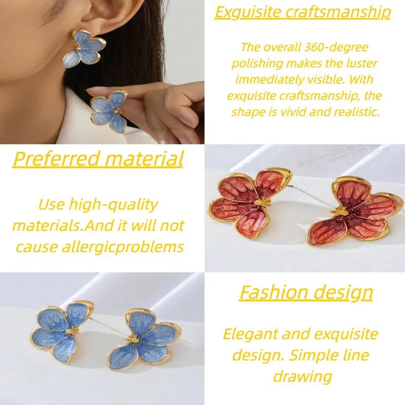 Three-dimensional flower earrings in blue and red colour options on a neutral background