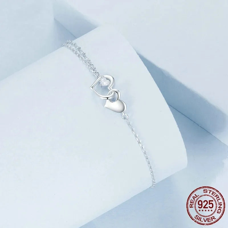 S925 sterling silver double heart bracelet for women in BSB178 colour on white background