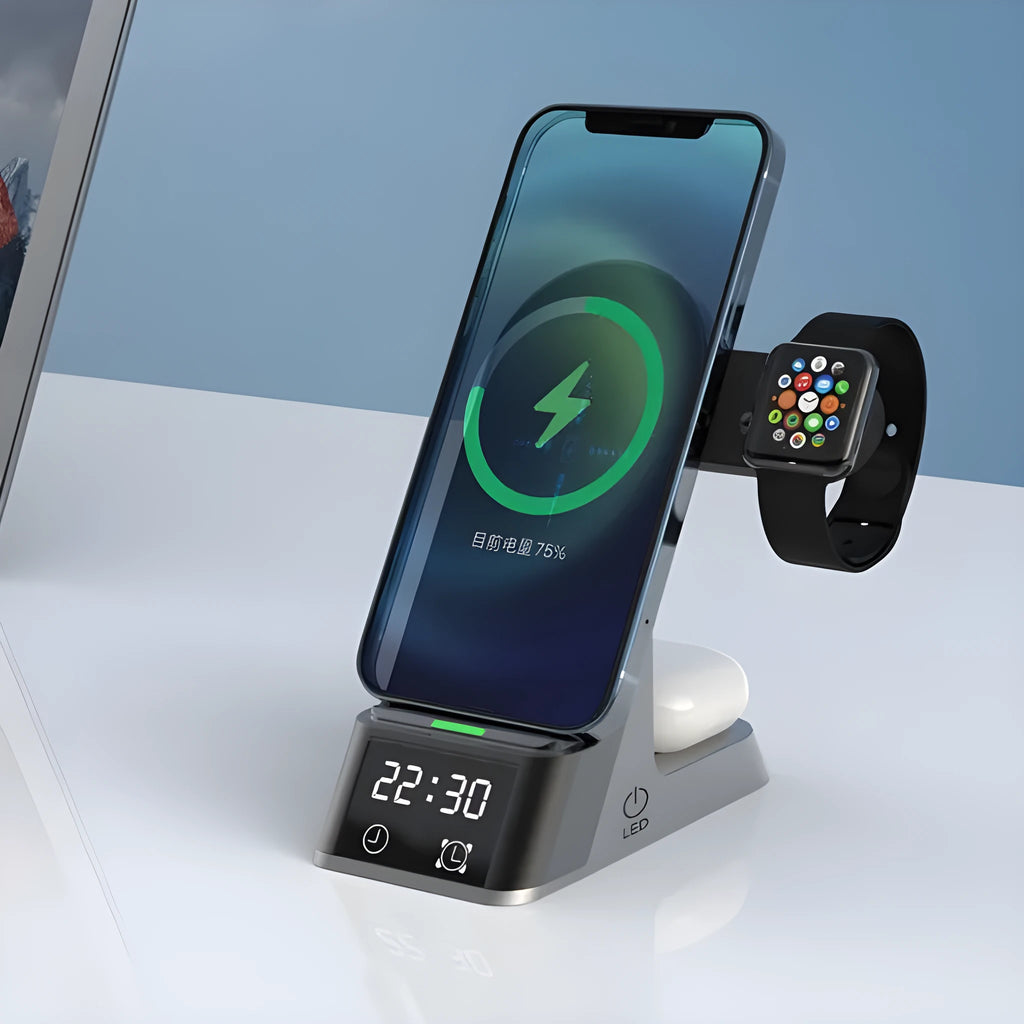Black six-in-one wireless charging alarm clock with Apple Watch dock and LED display
