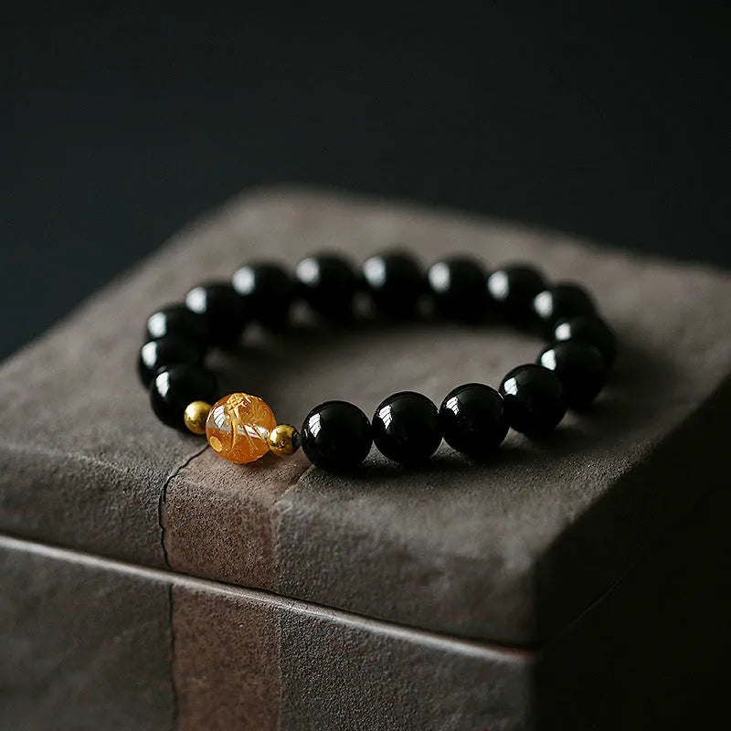 Geometric obsidian black agate white crystal bracelet with 10mm and 8mm beads for 14-16cm wrists